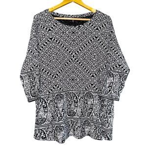 Lucky Brand Women's Blouse Top Boho Hippie Paisley Size 1X Black White Flowy